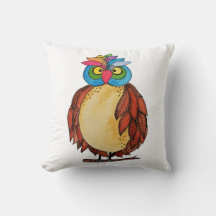 Watercolor Magical Owl With Rainbow Feathers Cushion