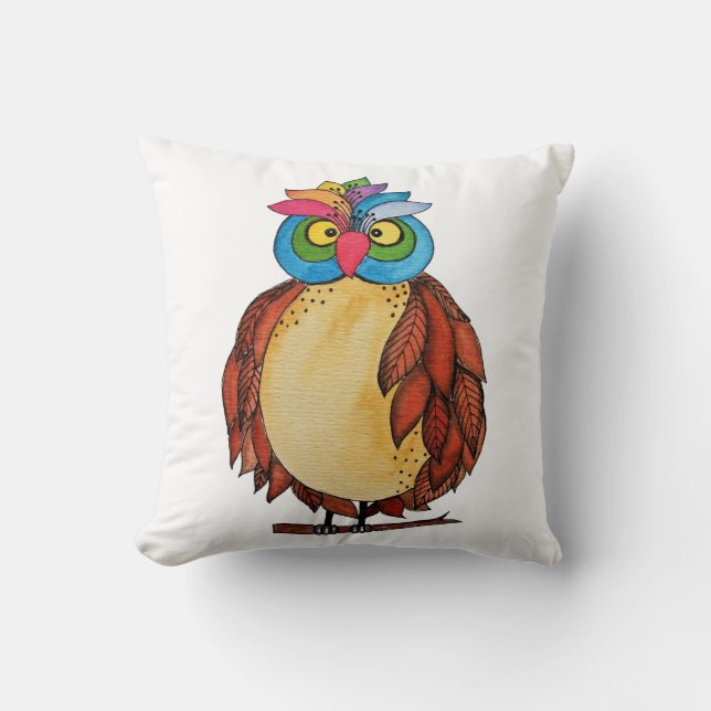 Watercolor Magical Owl With Rainbow Feathers Cushion (Front)