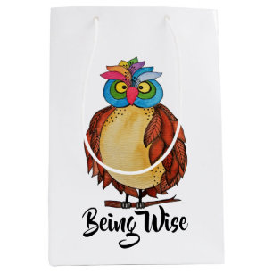Watercolor Magical Owl With Rainbow Feathers Medium Gift Bag