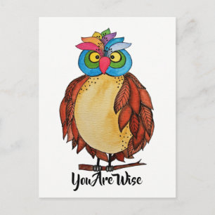 Watercolor Magical Owl With Rainbow Feathers Postcard