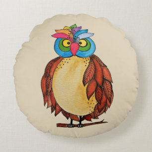 Watercolor Magical Owl With Rainbow Feathers Round Cushion