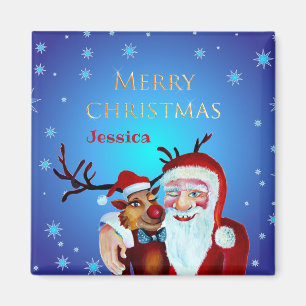 Watercolor Magical Santa Claus Smiling Rudolph Magnet