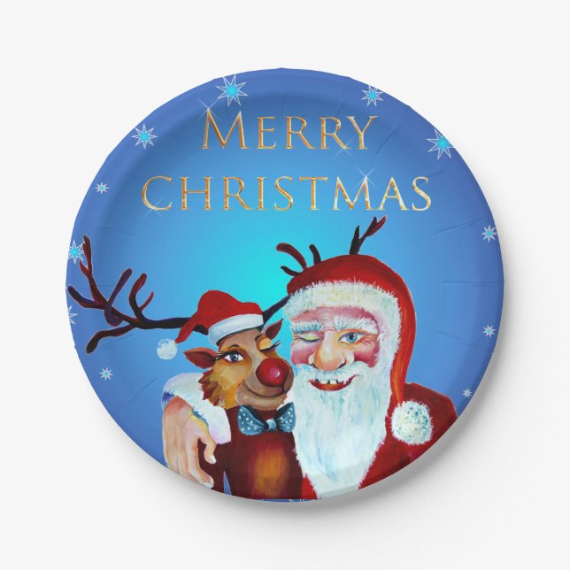 Watercolor Magical Santa Claus Smiling Rudolph Paper Plate (Front)