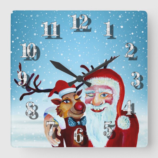 Watercolor Magical Santa Claus Smiling Rudolph Square Wall Clock (Front)