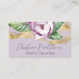 Watercolor Magnolia and Gold on Purple Business Card