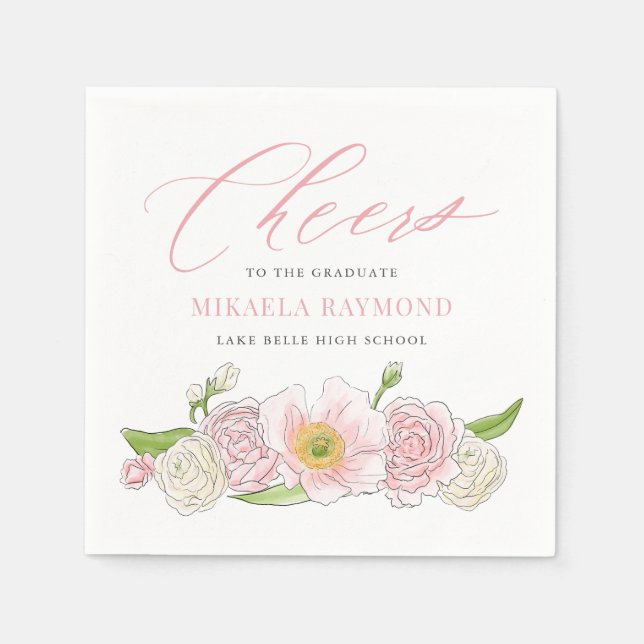 Watercolor Magnolia and Peonies Graduation Party Napkin (Front)