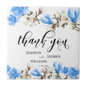 Watercolor Magnolia Blossom Calligraphy Thank You Ceramic Tile