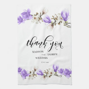 Watercolor Magnolia Blossom Calligraphy Thank You Tea Towel