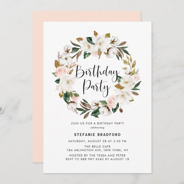 Watercolor Magnolia Cotton Wreath Birthday Party Invitation (Front/Back)