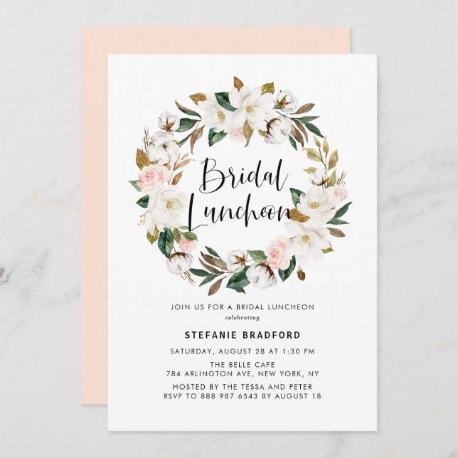 Watercolor Magnolia Cotton Wreath Bridal Luncheon Invitation (Front/Back)