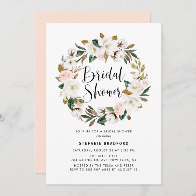 Watercolor Magnolia Cotton Wreath Bridal Shower Invitation (Front/Back)