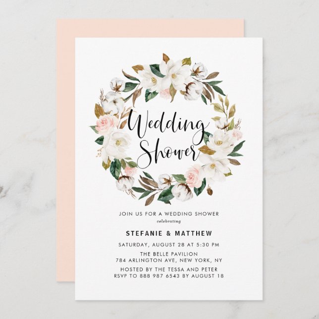Watercolor Magnolia Cotton Wreath Wedding Shower Invitation (Front/Back)