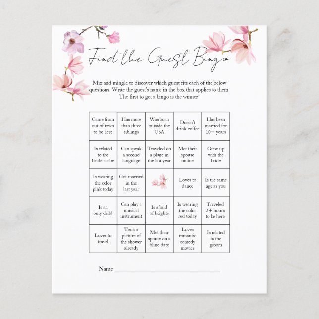 Watercolor Magnolia Find the Guest Bridal Bingo Flyer (Front)