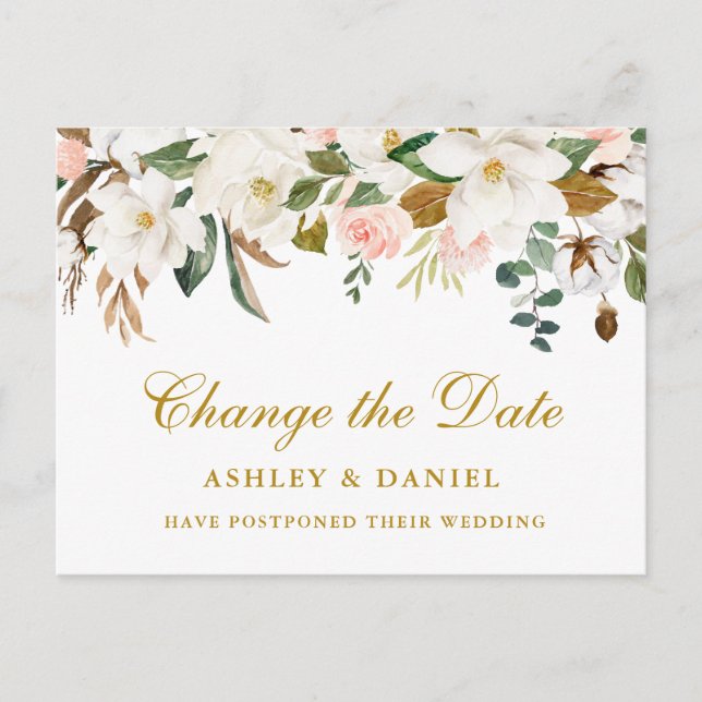 Watercolor Magnolia Floral Change The Date Gold Postcard (Front)