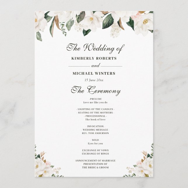 Watercolor magnolia floral wedding program (Front)