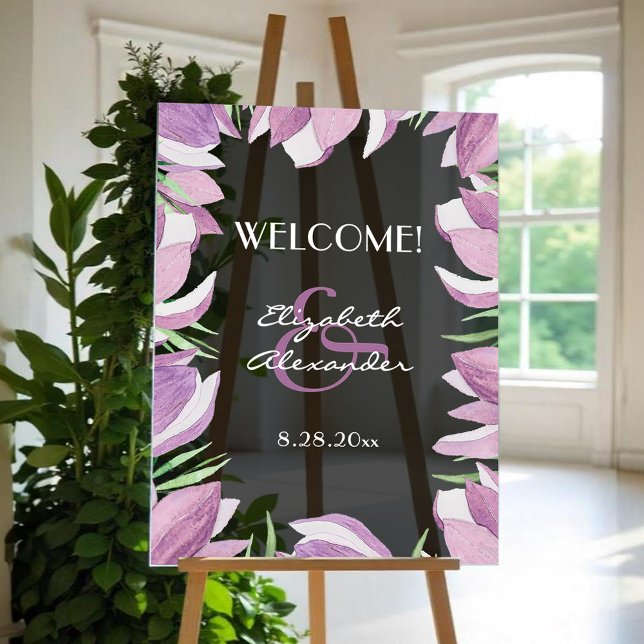 Watercolor Magnolia Floral Wedding Welcome Acrylic Sign (Watercolor magnolias floral wedding welcome transparent black acrylic sign)