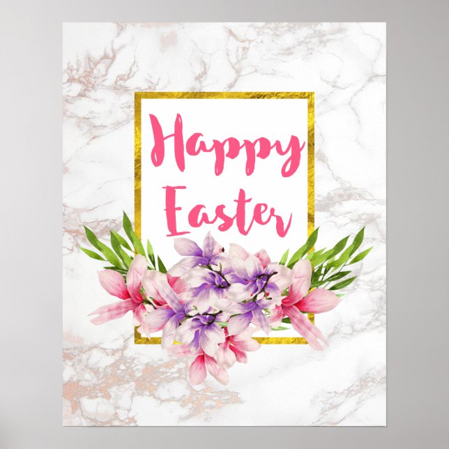 Watercolor Magnolia Florals on White Marble Easter Poster (Front)
