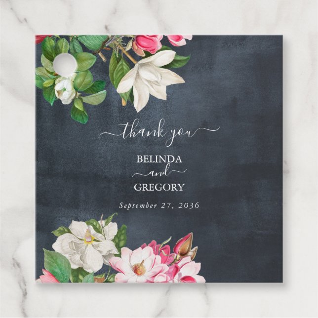 Watercolor Magnolia Flowers Wedding Black White Favour Tags (Front)