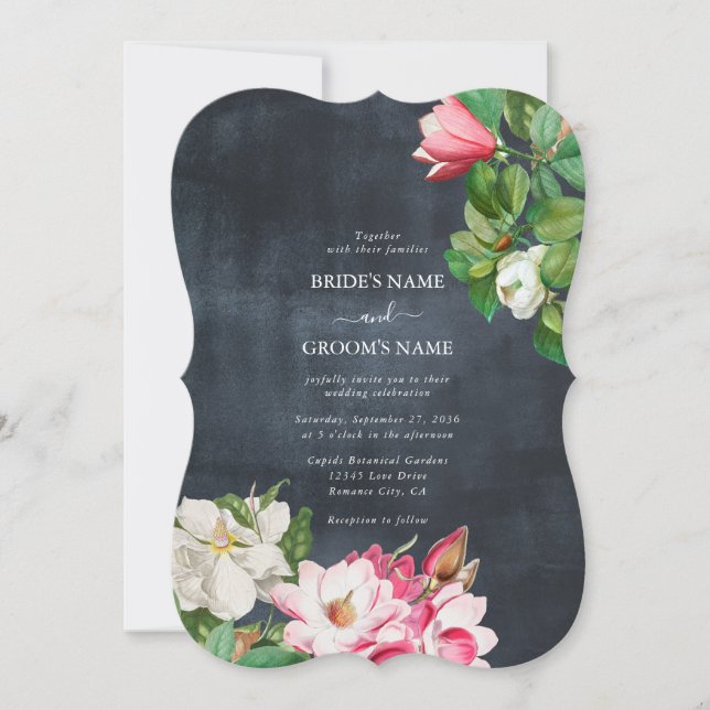 Watercolor Magnolia Flowers Wedding Black White Invitation (Front)