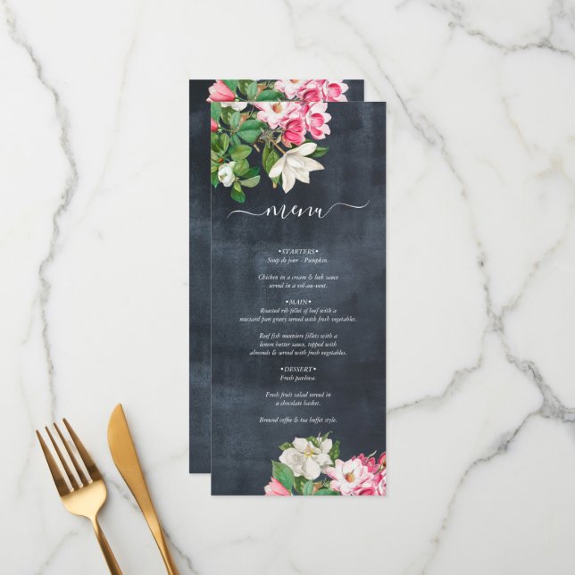 Watercolor Magnolia Flowers Wedding Black White Menu (Front/Back In Situ)