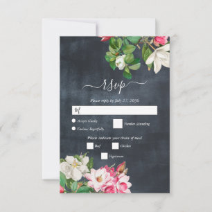 Watercolor Magnolia Flowers Wedding Black White RSVP Card