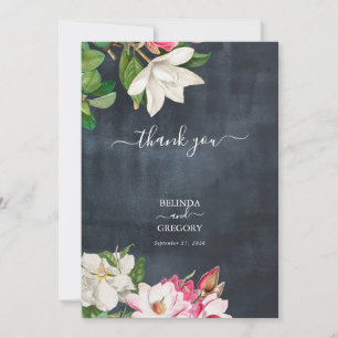 Watercolor Magnolia Flowers Wedding Black White Thank You Card