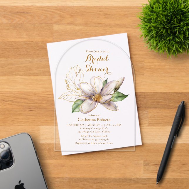 Watercolor Magnolia Purple Floral Bridal Shower Acrylic Invitations (Insitu (Invitation Card))