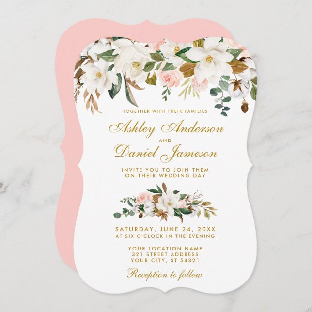 Watercolor Magnolia Rose Floral Wedding Pink Gold Invitation (Front/Back)