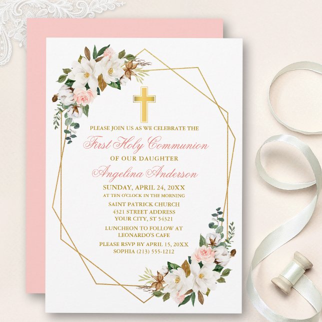 Watercolor Magnolia Roses Geo Frame Communion Invitation (Customize to change text color, size, style or to change color of back of card.)