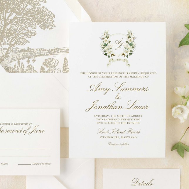 Watercolor Magnolia Wedding Crest Invitation (Creator Uploaded)
