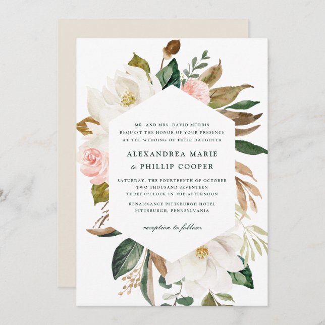 Watercolor Magnolia Wedding Invitation (Front/Back)
