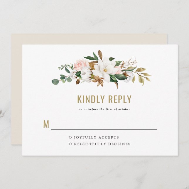 Watercolor Magnolia Wedding Invitation Monogram (Front/Back)