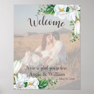 Watercolor Magnolia Wedding Welcome Photo Poster