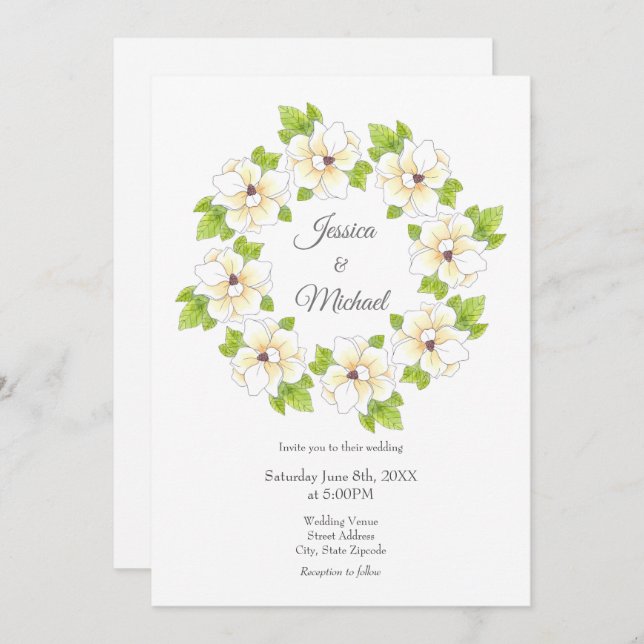 Watercolor Magnolia Wreath   Invitation (Front/Back)