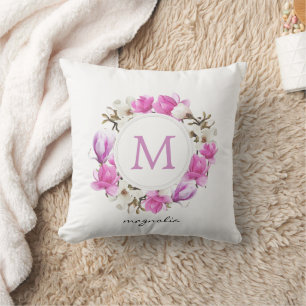 Watercolor Magnolia Wreath Monogram Cushion