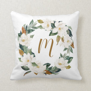 Watercolor Magnolia Wreath Monogram Cushion