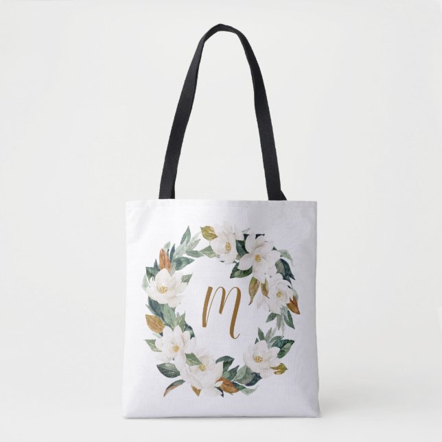 Watercolor Magnolia Wreath Monogram Tote Bag (Front)
