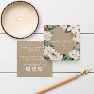 Watercolor Magnolia Wreath White Type Square Kraft Business Card