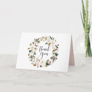 Watercolor Magnolias and Cotton Wreath Wedding Thank You Card
