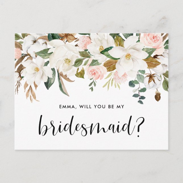Watercolor Magnolias and Cottons Be My Bridesmaid Postcard (Front)