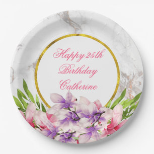 Watercolor Magnolias, Faux Marble Texture Birthday Paper Plate