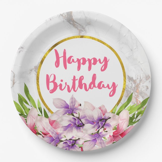 Watercolor Magnolias, Faux Marble Texture Birthday Paper Plate (Front)
