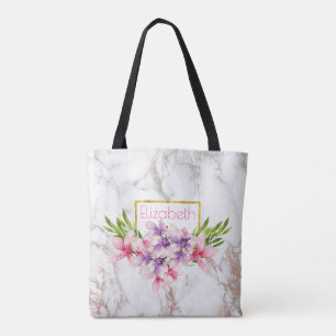 Watercolor Magnolias, Faux Marble Texture Custom Tote Bag