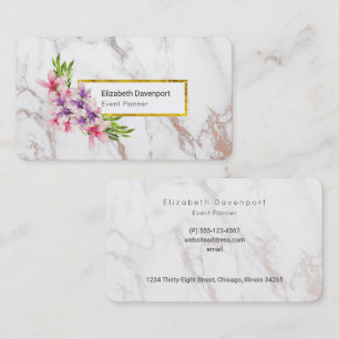 Watercolor Magnolias, Faux Marble Texture Modern Business Card