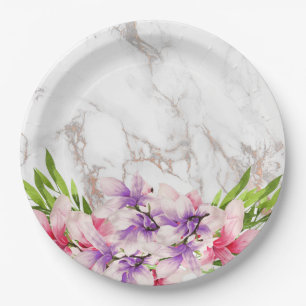 Watercolor Magnolias, Faux Marble Texture Paper Plate