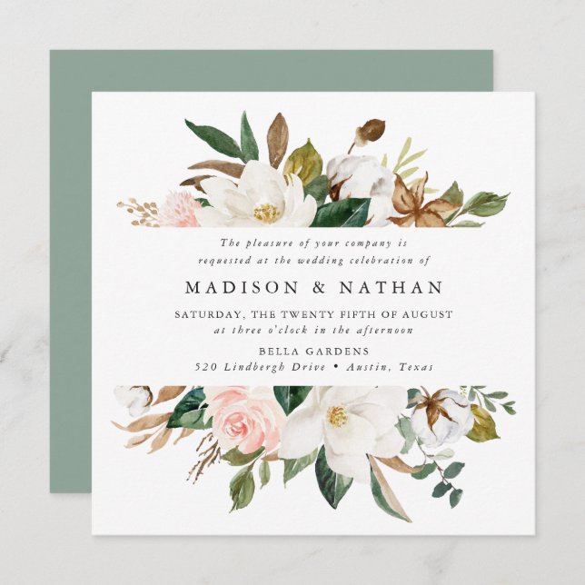 Watercolor Magnolias | Floral Wedding Invitation (Front/Back)