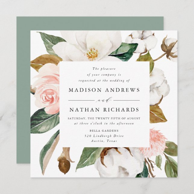 Watercolor Magnolias | Floral Wedding Invitation (Front/Back)