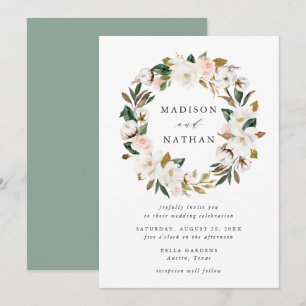 Watercolor Magnolias Floral Wreath Wedding Invitation