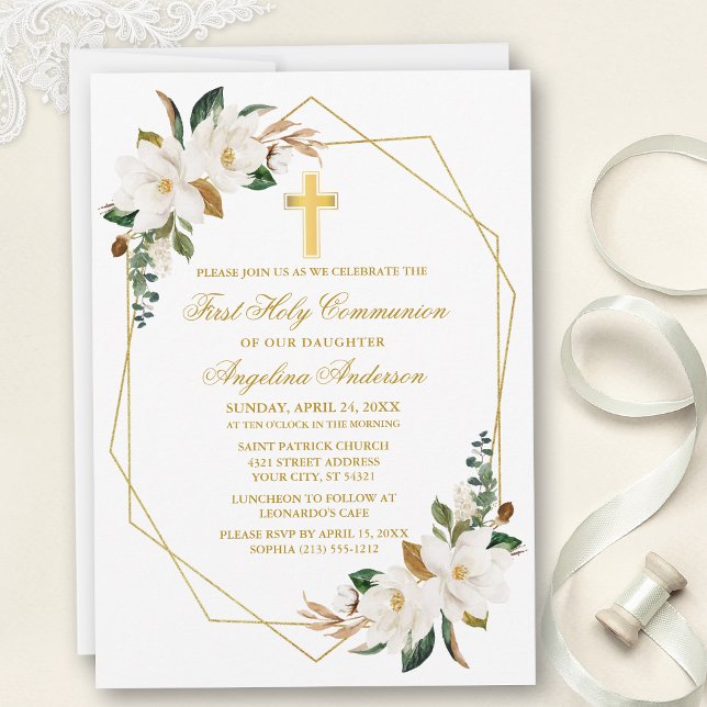 Watercolor Magnolias Geo Frame Gold Communion Invitation (Customize to change text color, size, style or to add photos or more text to back of card.)