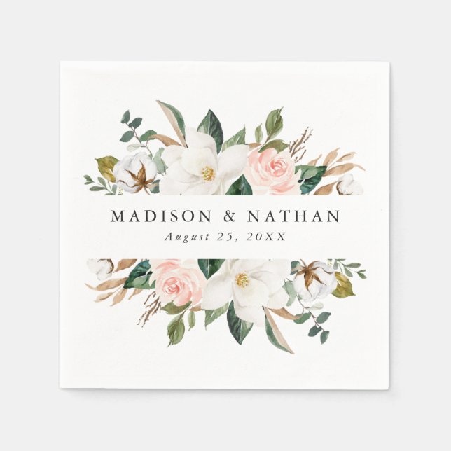 Watercolor Magnolias | Personalised Wedding Napkin (Front)